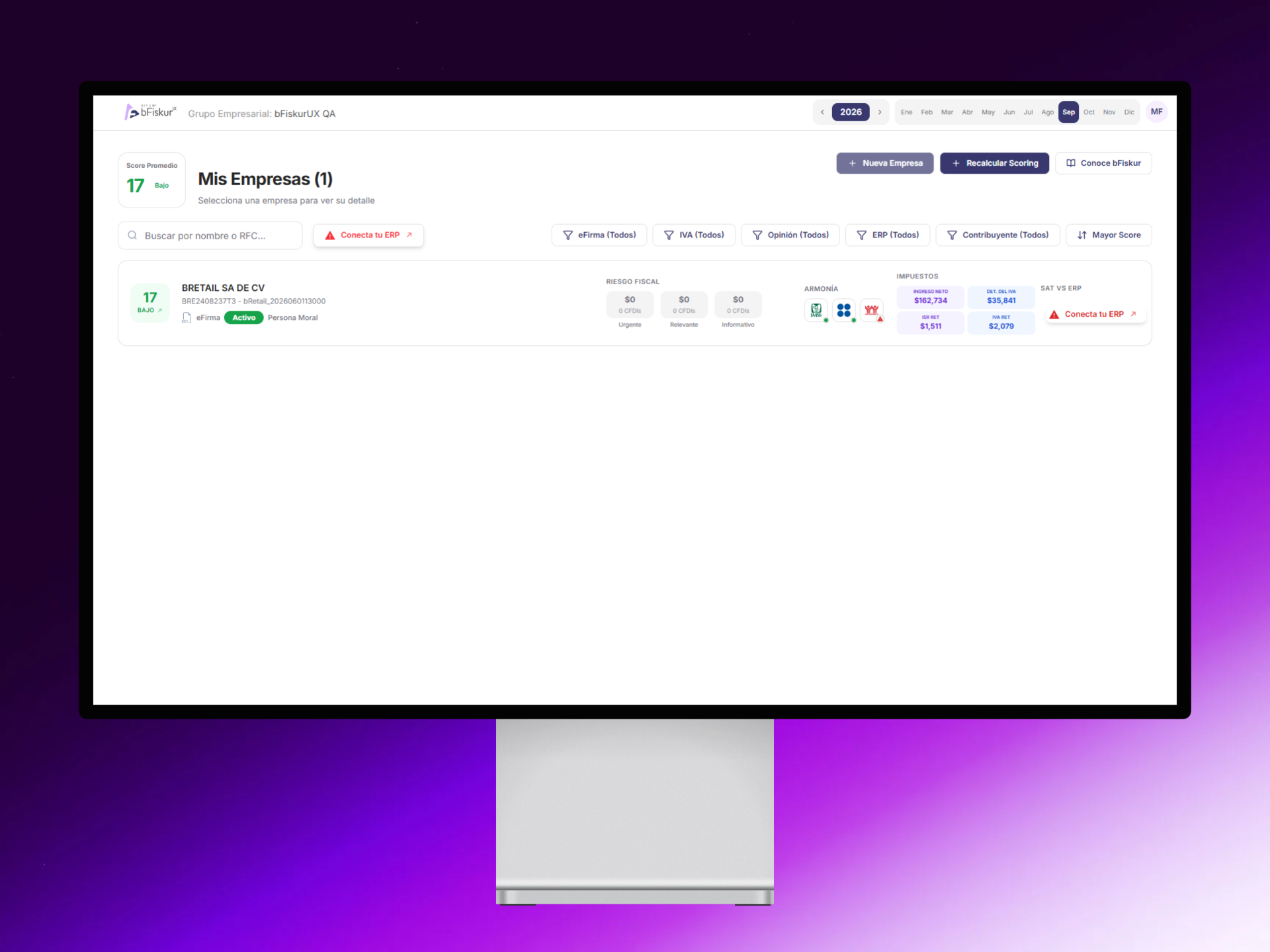 Captura de pantalla del sistema bFiskur mostrando su interfaz de usuario con un login y modulos