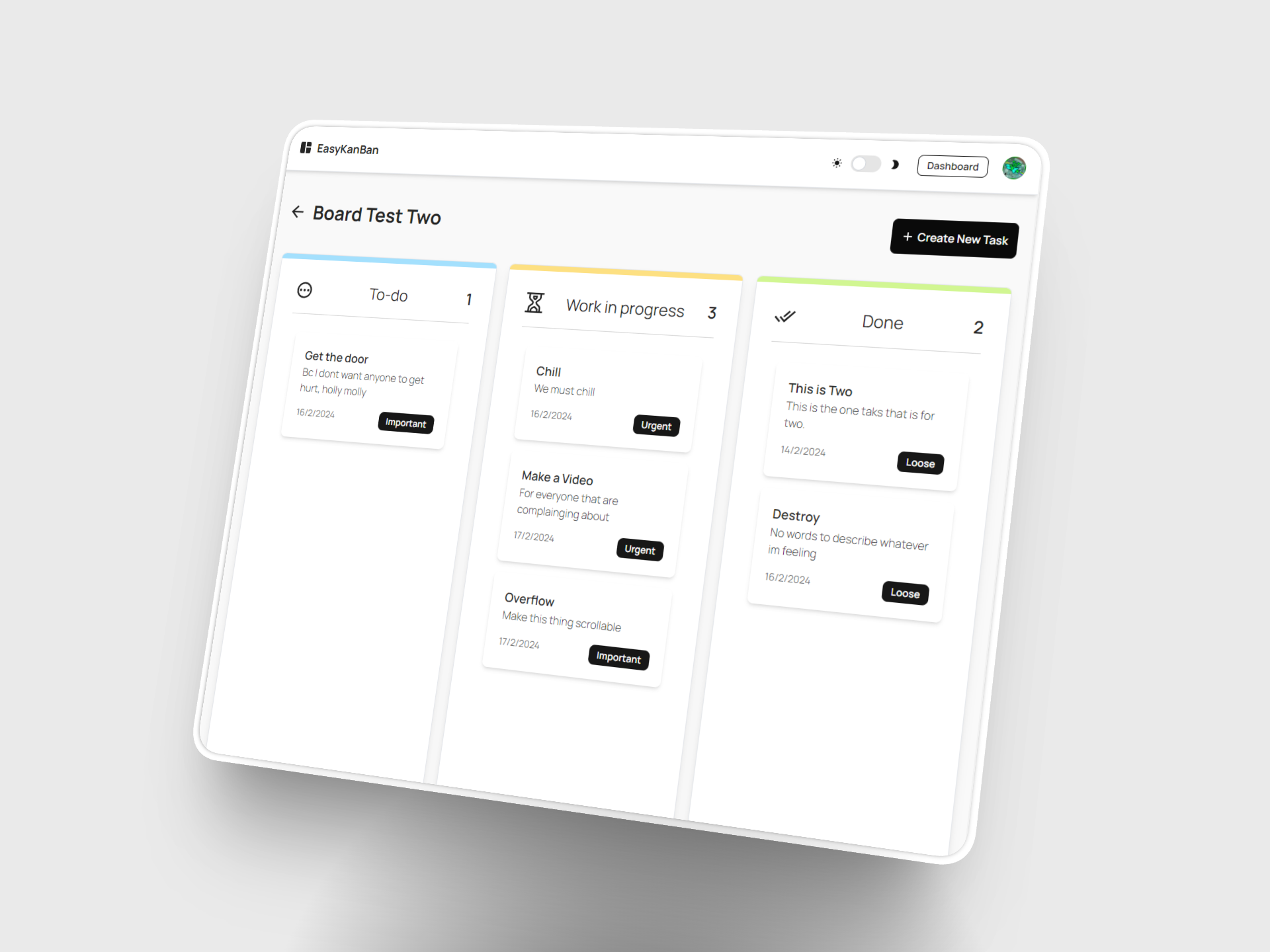 Captura de pantalla del tablero Kan Ban mostrando columnas de tareas y tarjetas arrastrables