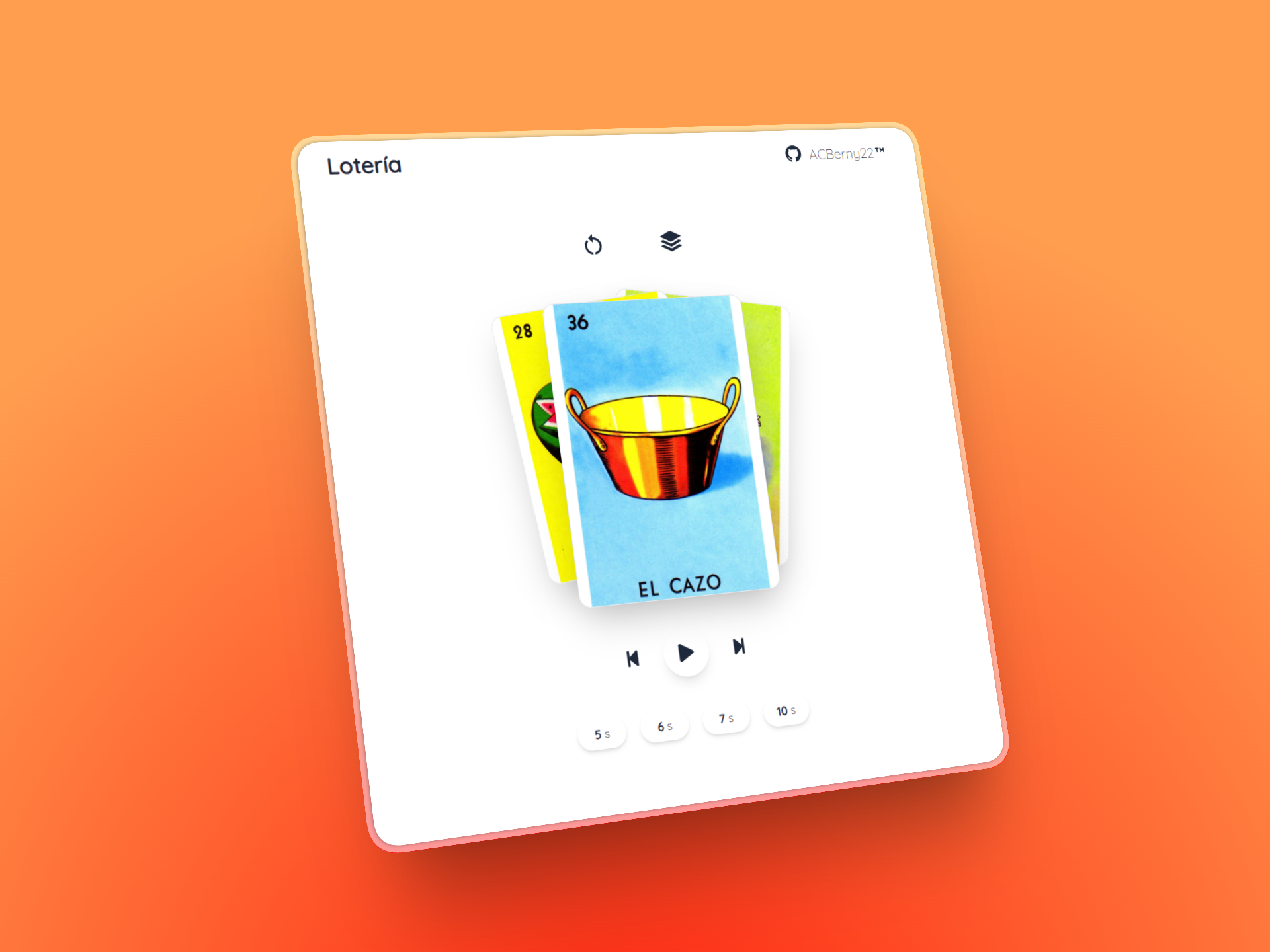 Captura de pantalla de la app de Lotería mostrando cartas del juego